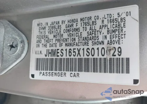 2001 Honda Civic Lx from USA, damaged, VIN JHMES165X1S010029